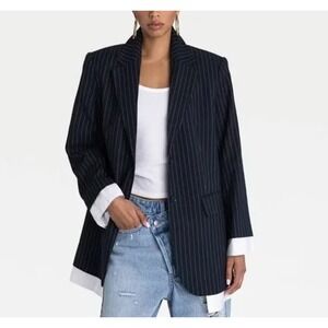 KBB by Kahlana The Shirt Blazer Navy Blue & White Striped 2 Button Women's Sz M